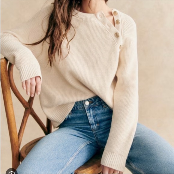 Sezane Sweaters - Sezane Gary Jumper Sweater Gold Button Knit Top Ecru Cream White Cotton Size Xs